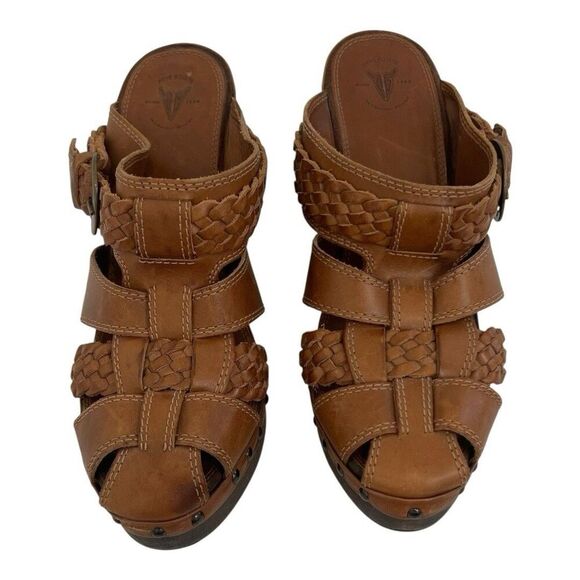 Frye Womens Size 8.5 Woven Leather Sandals Brown Wood Heel Boho Platform Clogs - Picture 3 of 8